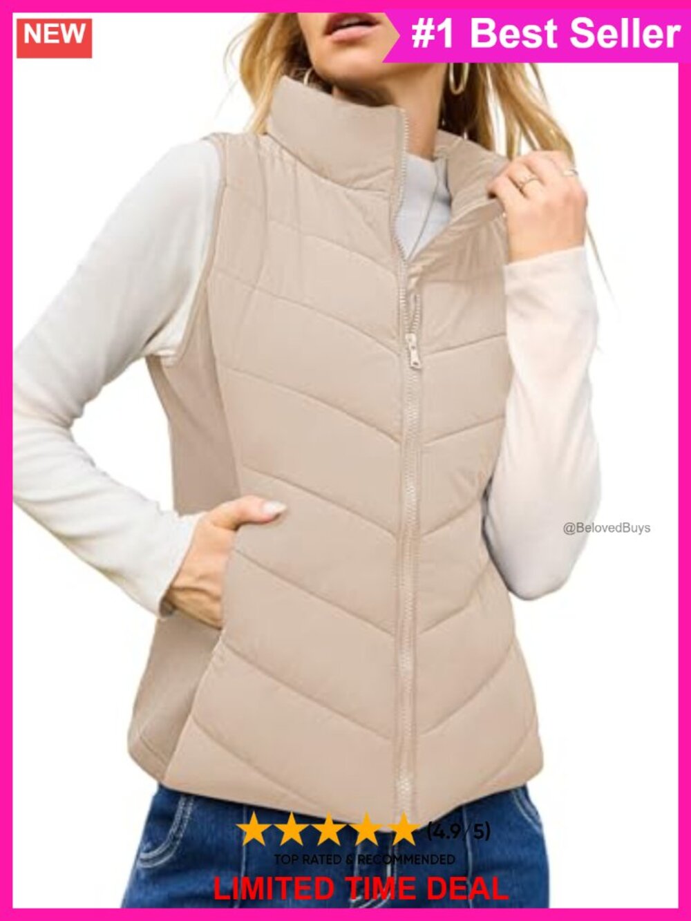 Quilted Puffer Vest Lightweight Zip Sleeveless Outerwear